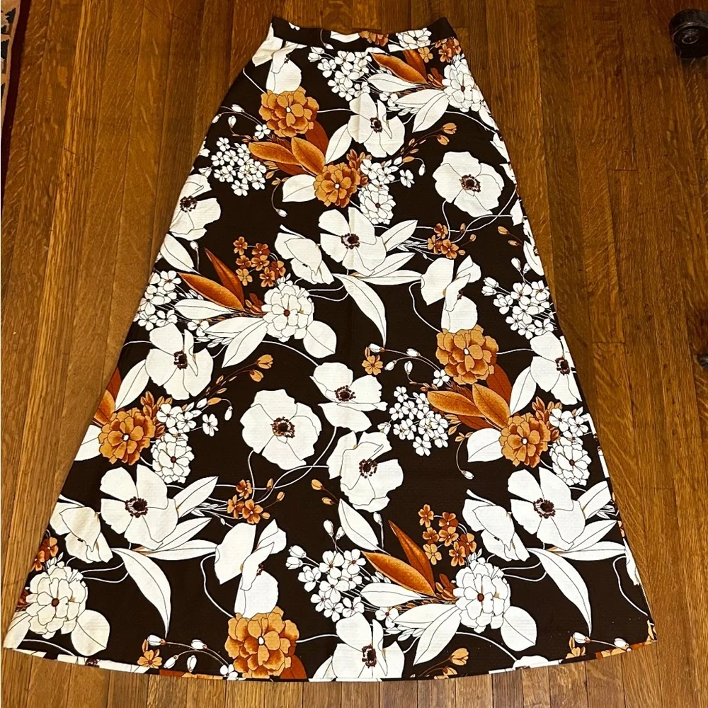Vintage 70s F.A.Chatta Brown Floral Maxi Skirt 26 Waist - Picture 14 of 14